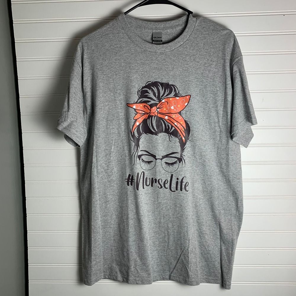 Nurse Life T-Shirt Messy Bun Graphic Tee Cute Nursing RN Gift Medium NWOT